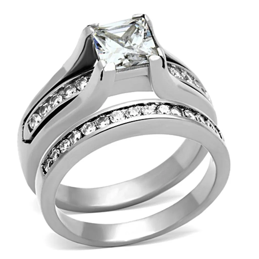 TK0W383 - High polished (no plating) Stainless Steel Ring with AAA Grade CZ in Clear - Grocery