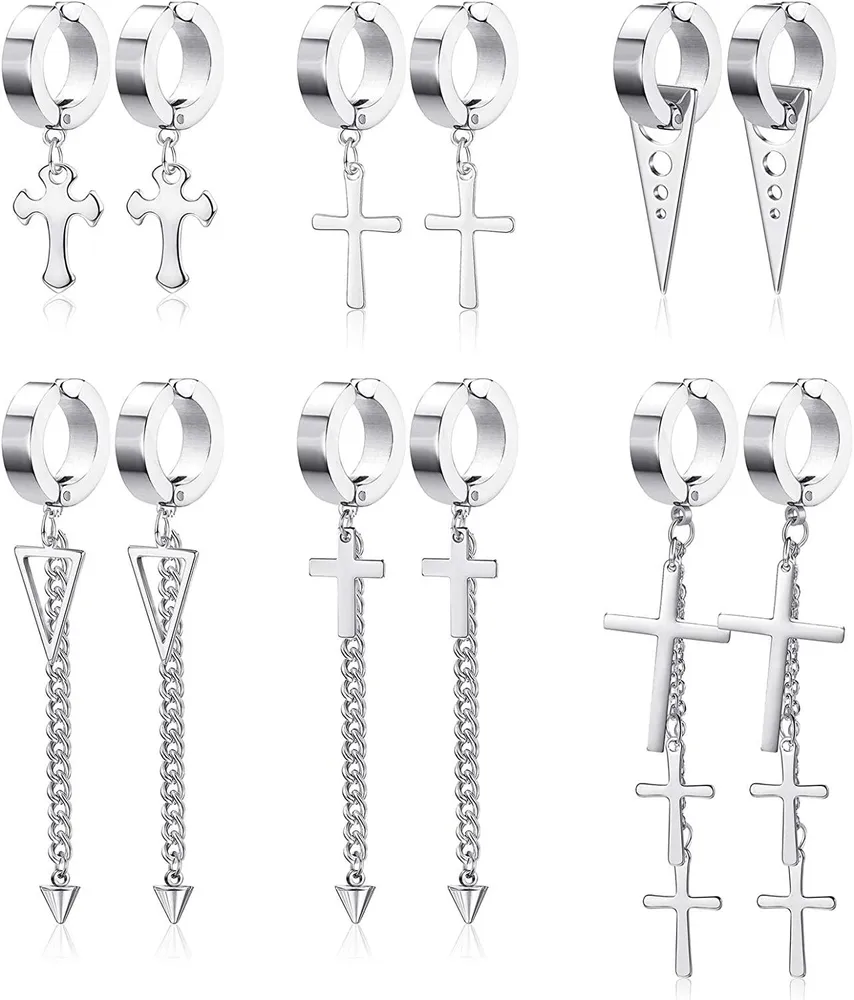 6 Pairs Stainless Steel Clip On Huggie Dangle Earrings for Men Women Long Chain Cross Pendant Non Piercing Earrings - Grocery