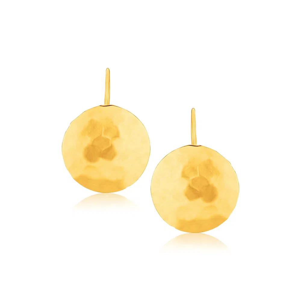 14k Yellow Gold Hammered Texture Disc Drop Earrings Medium - Grocery