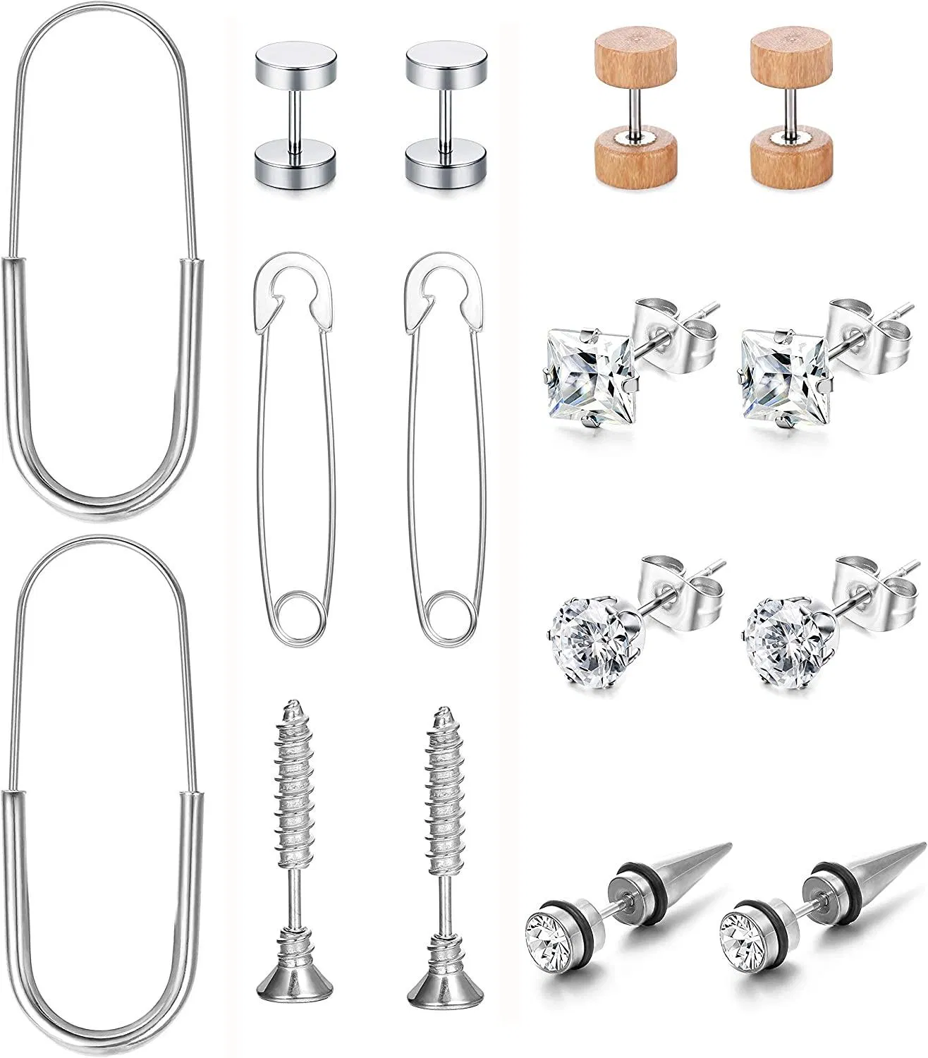 8 Pairs Barbell Stud Earrings for Men Women Cool Punk Goth Pin Earrings Stainless Nail Screw CZ Stud Earrings Set - Grocery