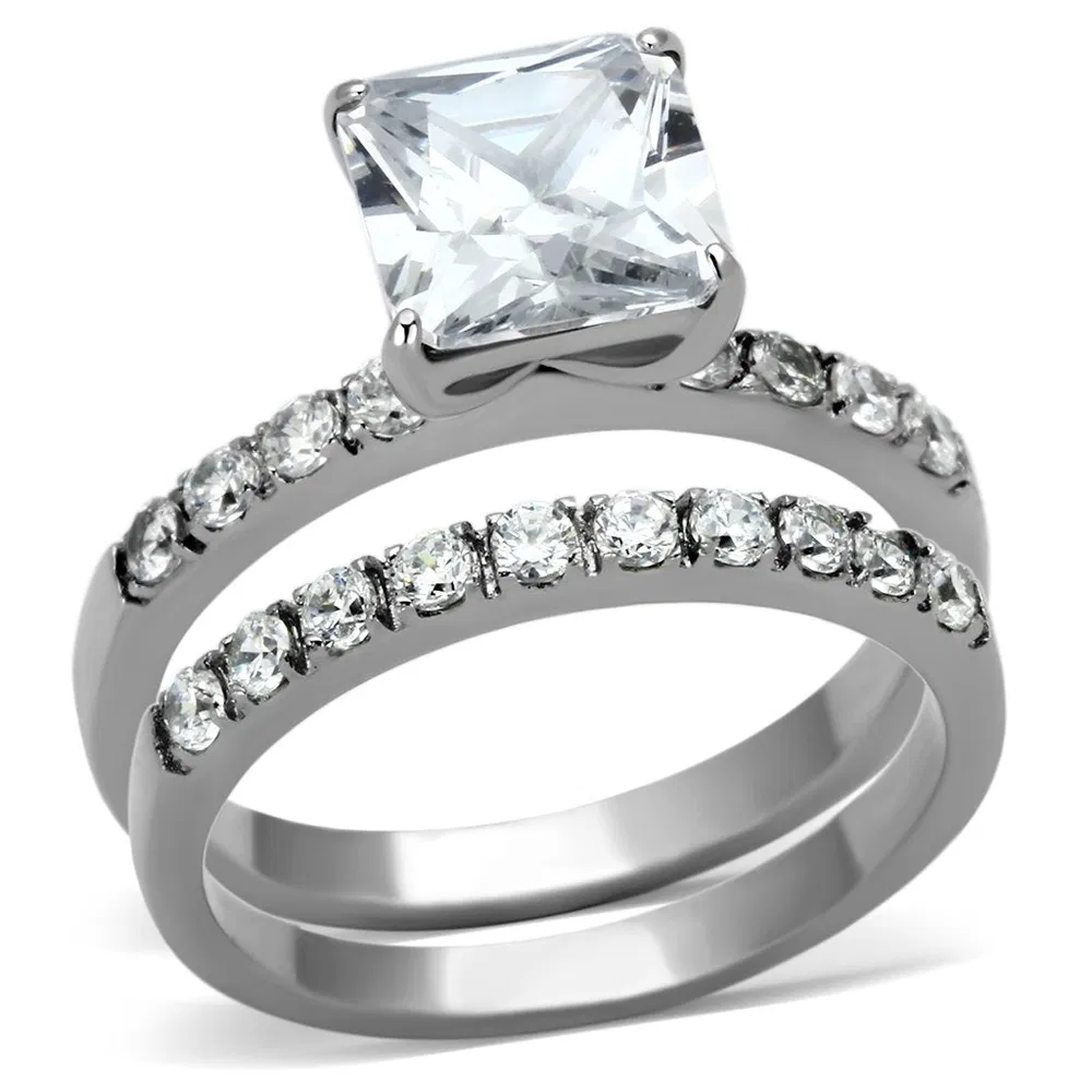 TK975 - High polished (no plating) Stainless Steel Ring with AAA Grade CZ in Clear - Grocery