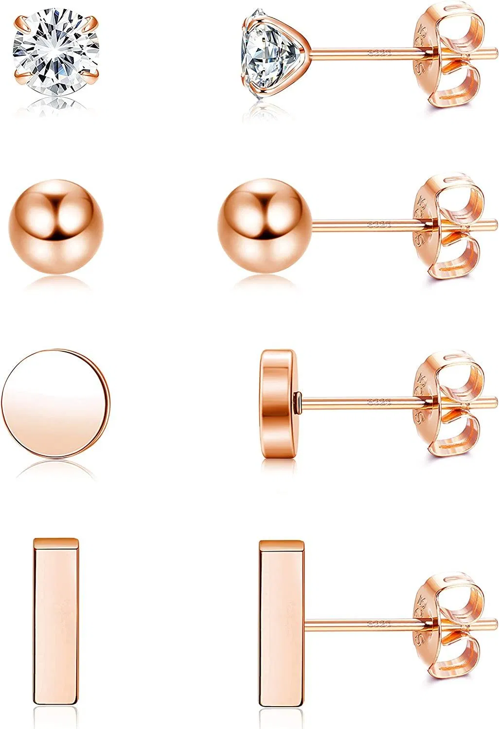 4 Pairs 925 Sterling Earrings Studs for Women Men Simple Geometric Small Stud Earring Set CZ Ball Circle Bar Earrings Hypoallergenic - Grocery