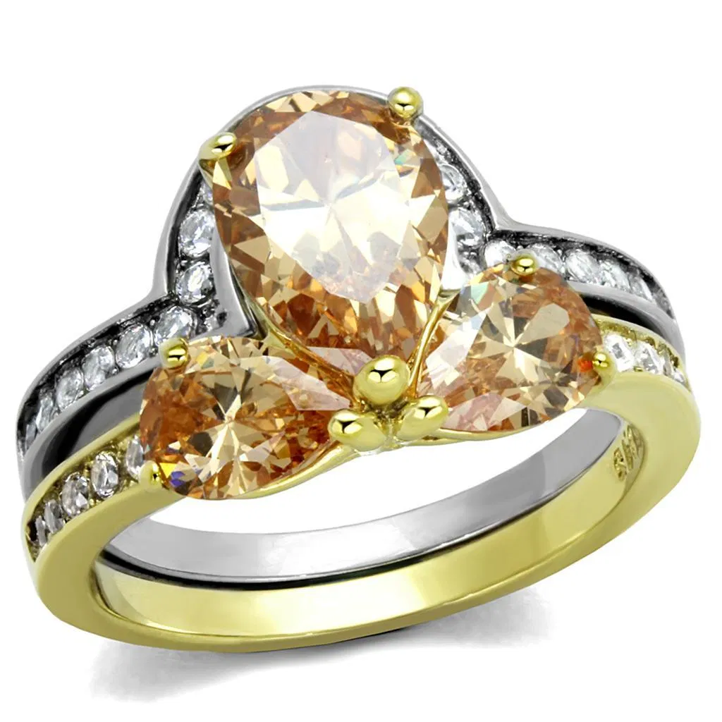TK2132 - Two-Tone IP Gold (Ion Plating) Stainless Steel Ring with AAA Grade CZ in Champagne - Grocery