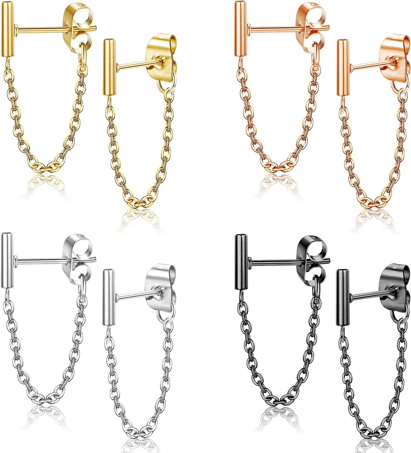 4 Pairs Minimalist Bar Stud Earrings with Chain Dangle Earrings for Women Men Tiny Line Chain Earring Set - Grocery