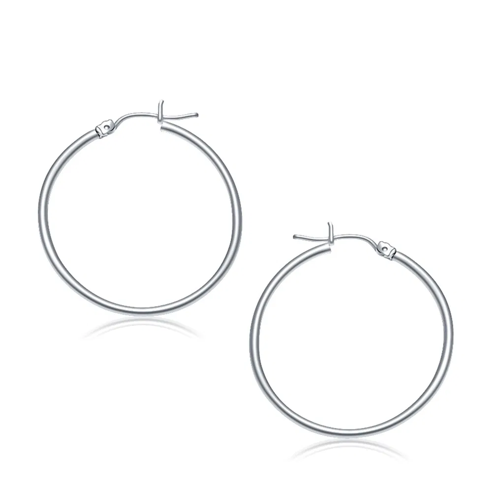 14k White Gold Polished Hoop Earrings (2x30mm) - Grocery