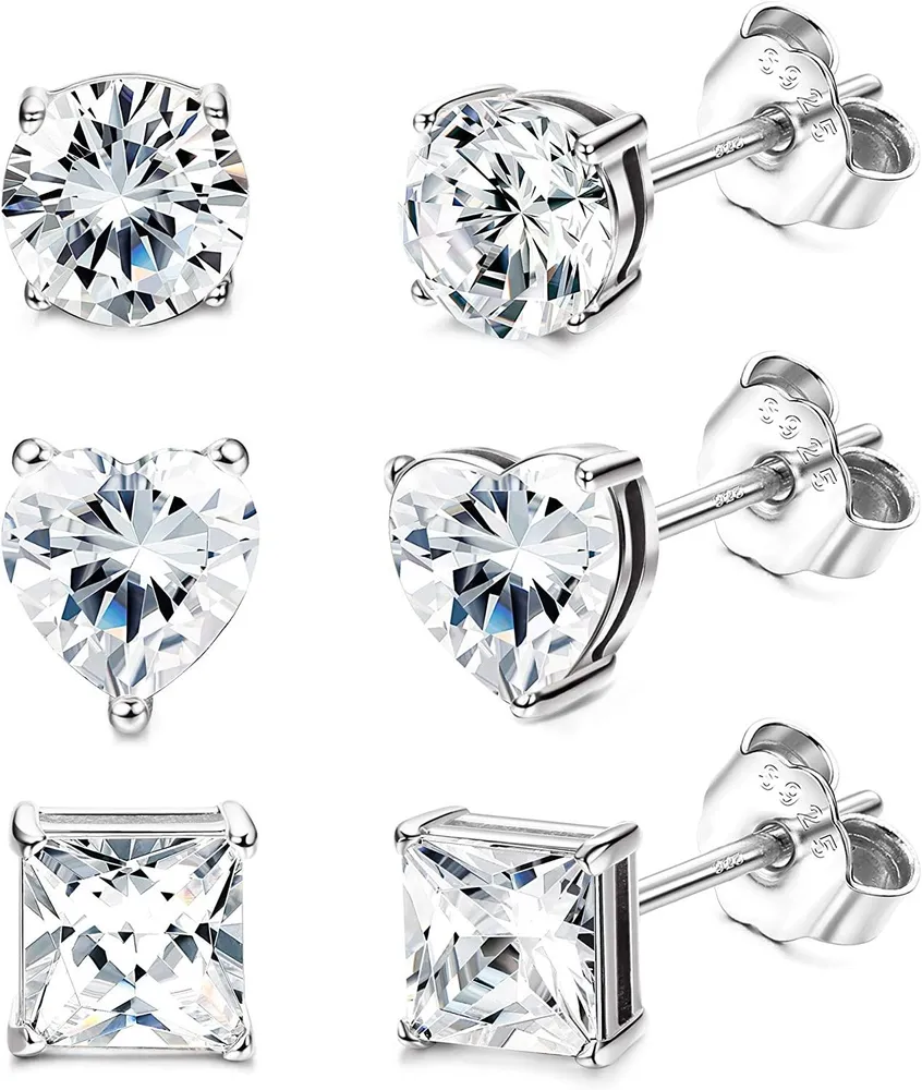 3Pairs Sterling Silver Stud Earrings For Women Pink Cubic Zirconia Stud Earrings Cute Heart Shaped Round Cut Princess Cut CZ Studs - Grocery