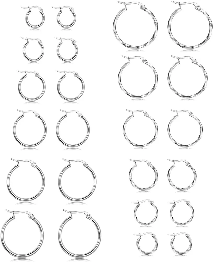 12 Pairs Stainless Small Round Hoop Earrings for Women Twisted Hoop Earrings Set; 10MM-20MM - Grocery