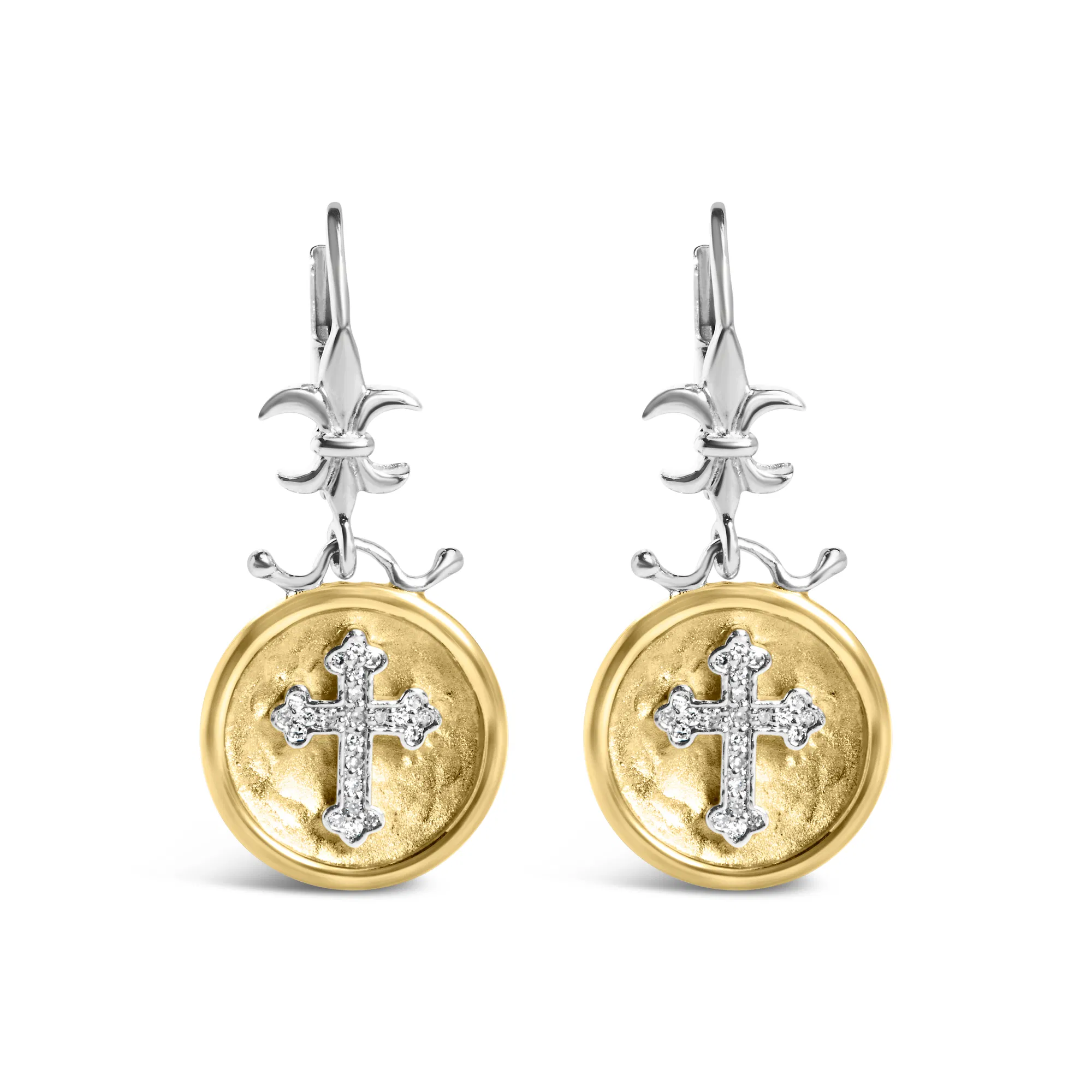 18K Yellow Gold Plated .925 Sterling Silver 1/8 Cttw Diamond Hammered Finished Medallion with Cross Drop and Dangle Earrings (I-J Color, SI1-SI2 Clarity) - Grocery