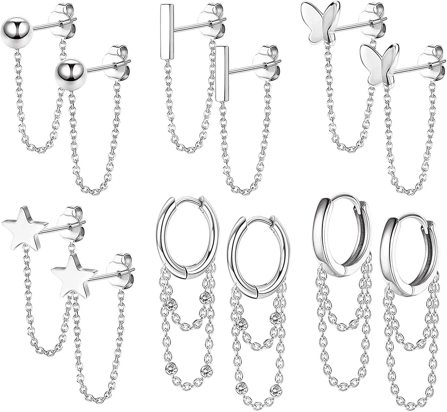 6Pairs Chain Stud Earrings Set for Women Ball Star Butterfly Studs Dangle Huggie Hoop Chain Earrings Set - Grocery