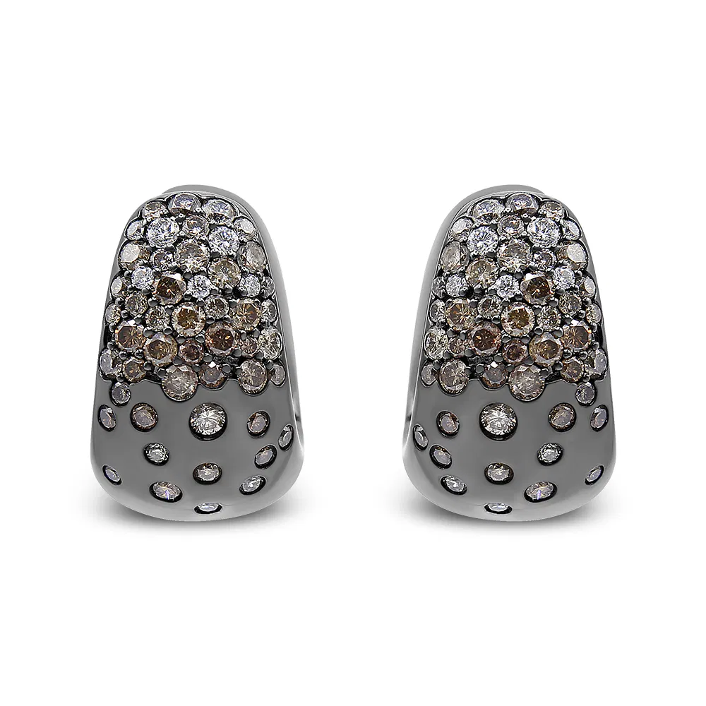 Black Rhodium over 18K White Gold 2 1/4 Cttw Prong and Bezel Set White and Brown Diamond Huggy Hoop Earring (F-G/Brown Color, VS1-VS2 Clarity) - Grocery
