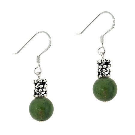 Sterling Silver Green Indian Agate & Bali Bead Dangle Earrings - Grocery