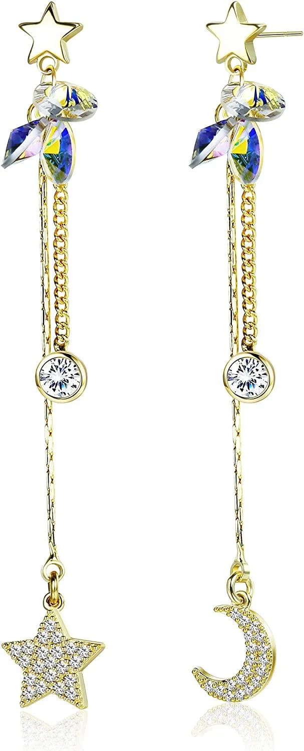14k Gold Moon Star Drop Earrings for Women Austria Crystal Long Pendant Dangle Earrings for Anniversary Birthday with Gift Box - Grocery