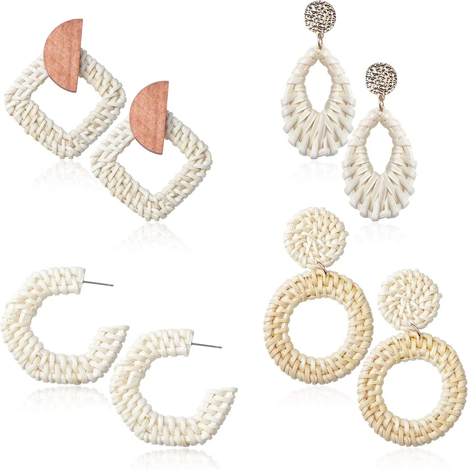 4 Pairs Rattan Earring for Women Bohemian Lightweight Straw Wicker Braid Geometric Statement Earrings Set Handmade Jewelry - Grocery