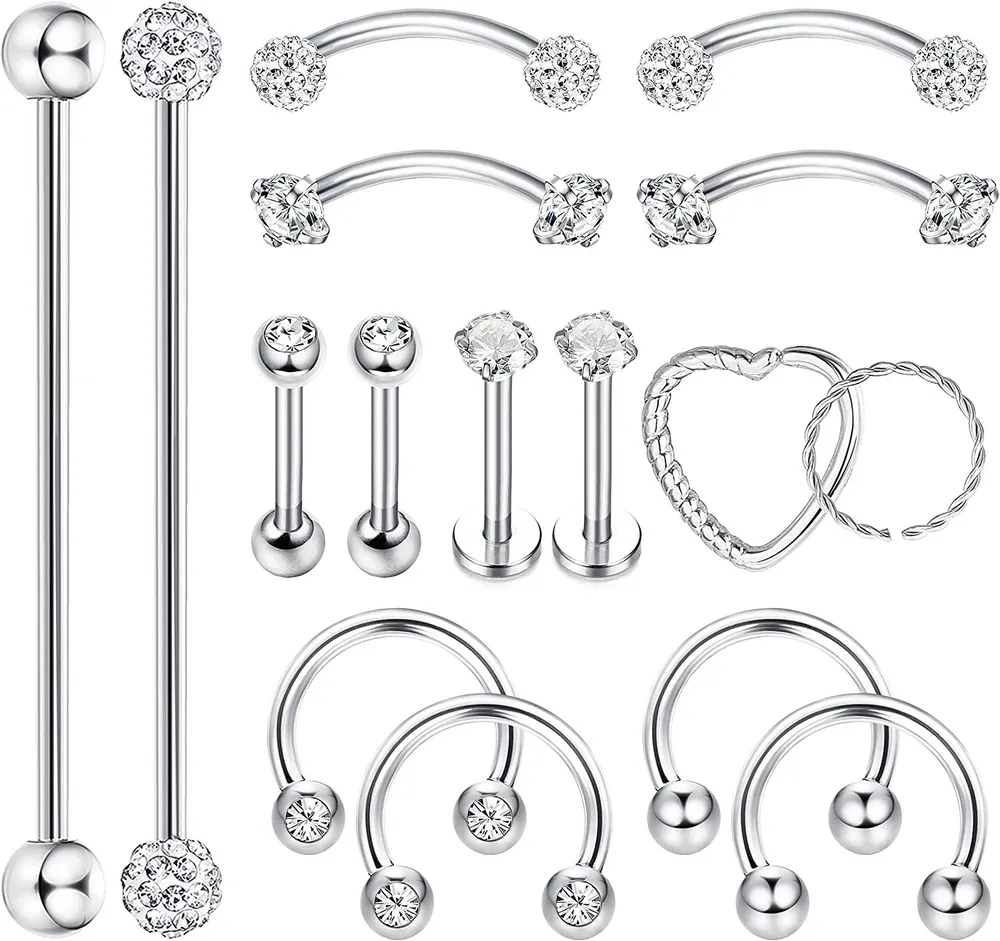14G Surgical Industrial Piercing Jewelry for Women Industrial Barbell Earring Set Cartilage Rook Helix Tragus Daith Lip Piercing 16pcs - Grocery
