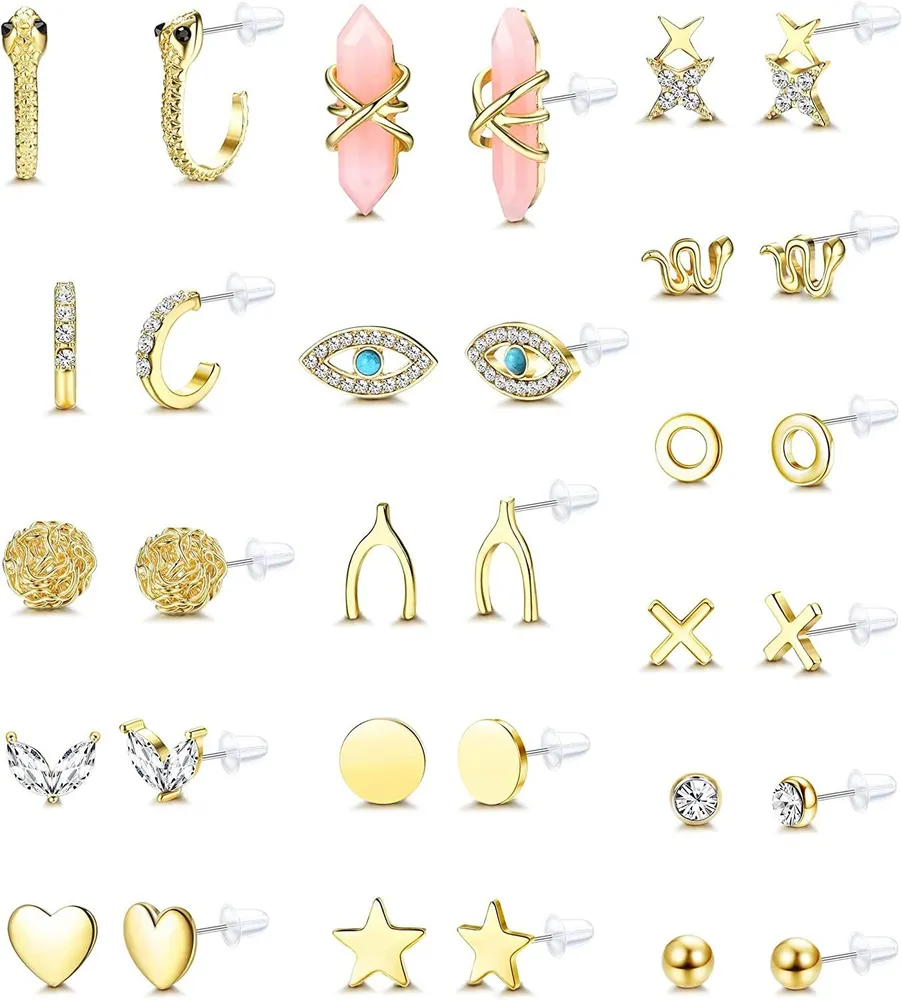 Stud Earrings for Women Stainless CZ Ball Heart Star Round Circle Evil Eye Snake Hypoallergenic Stud Earring Cute Earring Set - Grocery