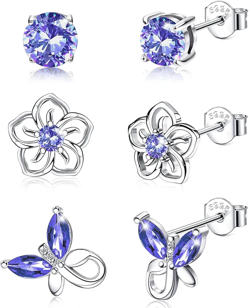 3Pairs 925 Sterling Silver Birthstone Earrings 12 Months for Women Hypoallergenic Butterfly Flower Stud Earrings for Birthday Jewelry Gift - Grocery
