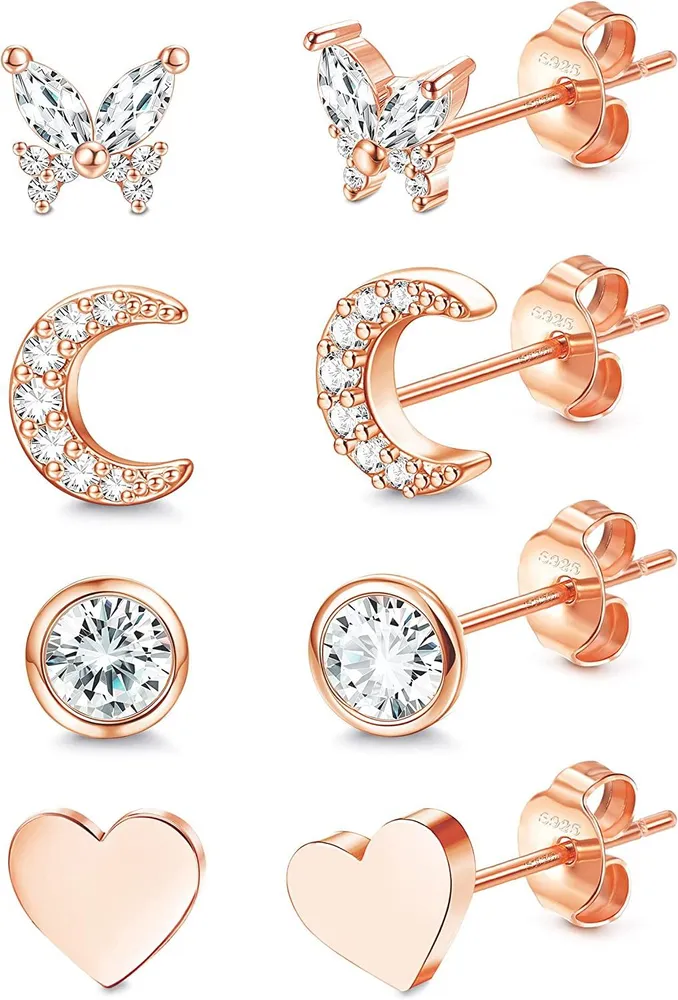 4 Pairs 925 Sterling Stud Earrings Set for Women Heart CZ Butterfly Moon Flower Stud Earrings Hypoallergenic 4MM Cubic Zirconia Cartilage Earrings Set - Grocery
