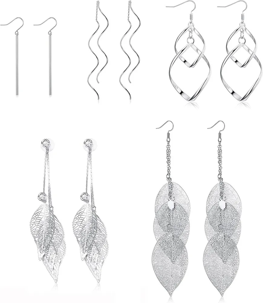 6 Pairs Wave Threader Dangle Earring Leaf Drop Earring Set for Women Long Bar Double Twist Wave Curved Threader Lightweight Earrings Set - Grocery