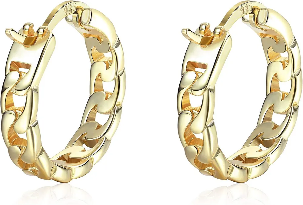 S925 Sterling Huggie Hoop Earrings Cartilage Earrings 18K Gold/White Gold Plated Curb Chain Huggie Hoops Small Hoops Earrings for Women Men - Grocery