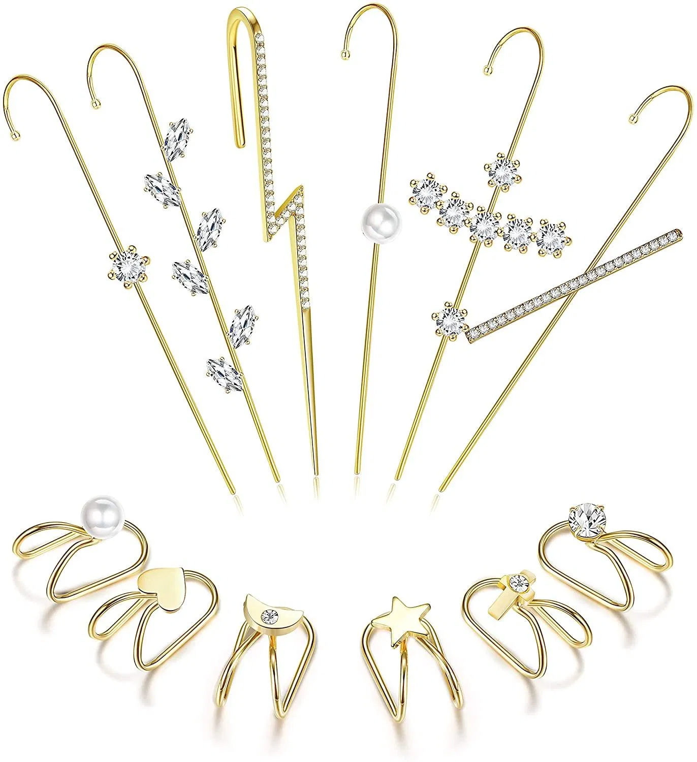 12Pcs Ear Wrap Crawler Hook Earrings for Women Gold Silver Ear Cuff Earrings Climber Piercing Ear Cartilage Clip On Earrings - Grocery