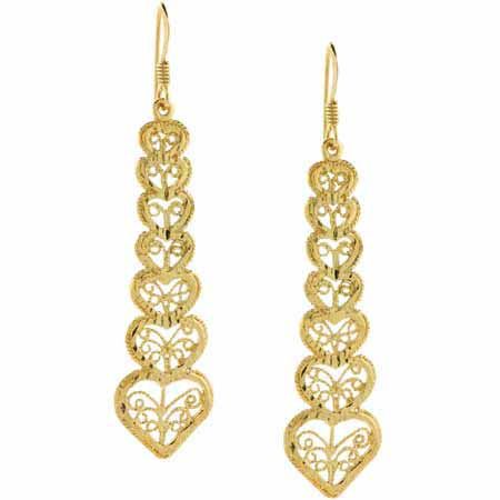 18K Gold over Sterling Silver Graduating Filigree Hearts Dangle Earrings - Grocery