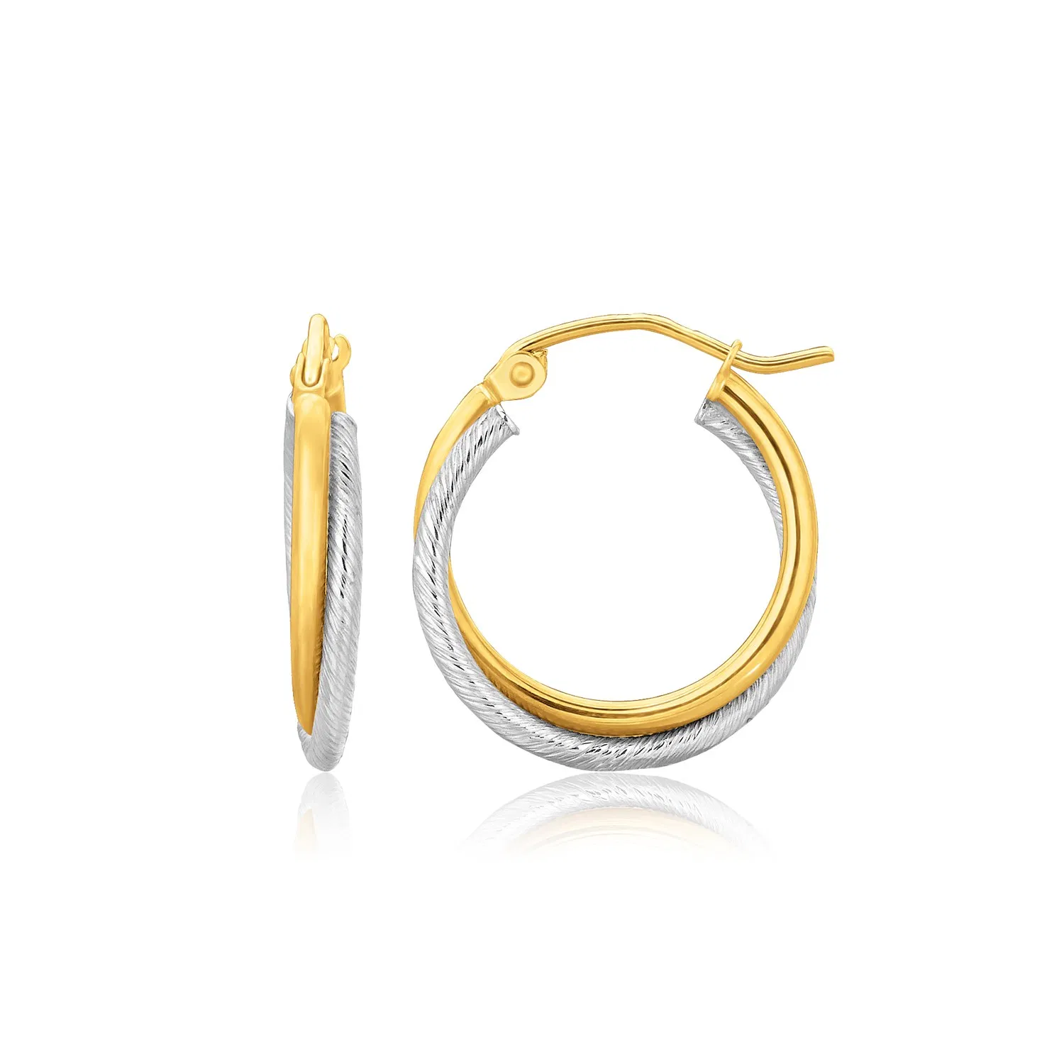 14k Two Tone Gold Double Polished and Textured Hoop Earrings - Grocery