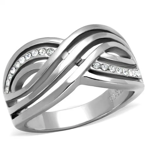 TK2025 - High polished (no plating) Stainless Steel Ring with Top Grade Crystal in Clear - Grocery