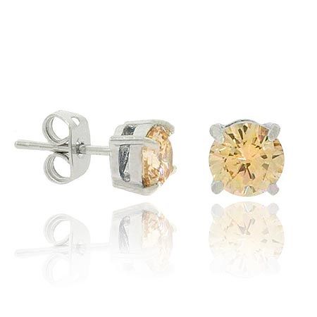 Sterling Silver .925 Champagne Cubic Zirconia cz Stone Prong 6mm Stud Earrings - Grocery