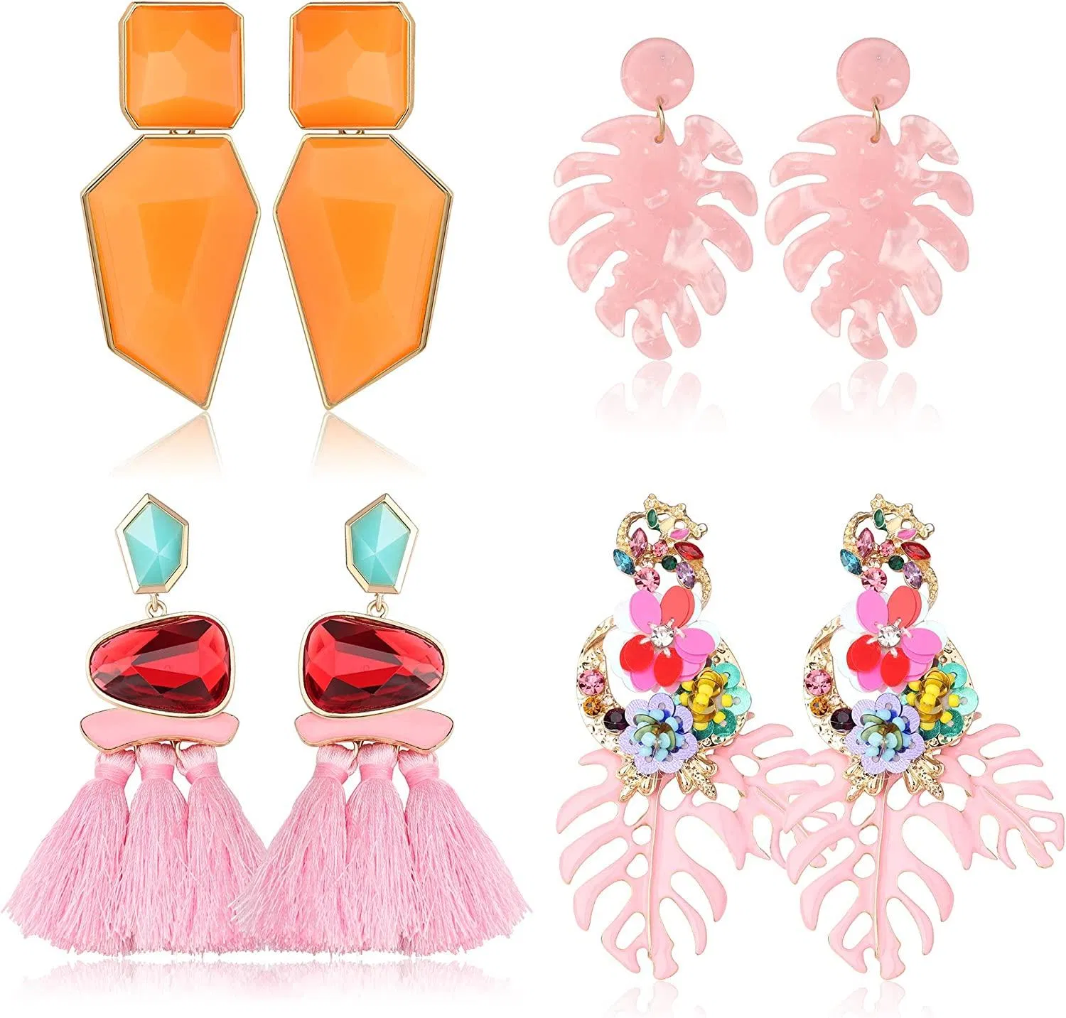 4 Pairs Statement Earrings for Women Acrylic Palm Leaf Earrings Bohemian Flower Dangle Alloy Earrings Tassel Earrings Set - Grocery