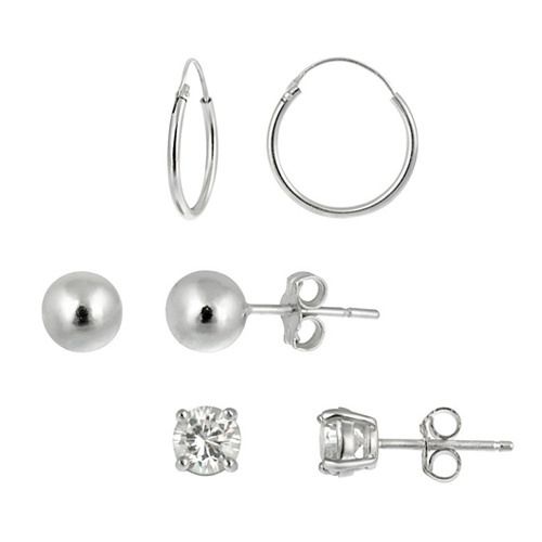 Sterling Silver & CZ Stud, Bead Stud, and Hoop Earrings Set - Grocery