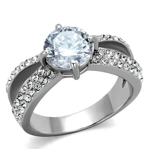 TK2165 - High polished (no plating) Stainless Steel Ring with AAA Grade CZ in Clear - Grocery
