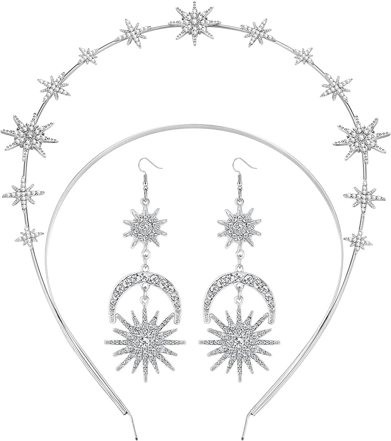 Star Halo Crown Sun and Moon Earrings for Women Halo Tiaras Goddess Crown Headband Bridal Wedding Halloween Headpiece - Grocery