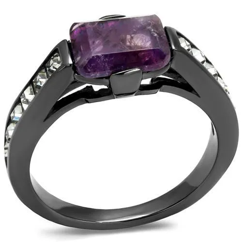 TK2832 - IP Light Black (IP Gun) Stainless Steel Ring with Precious Stone Amethyst Crystal in Amethyst - Grocery