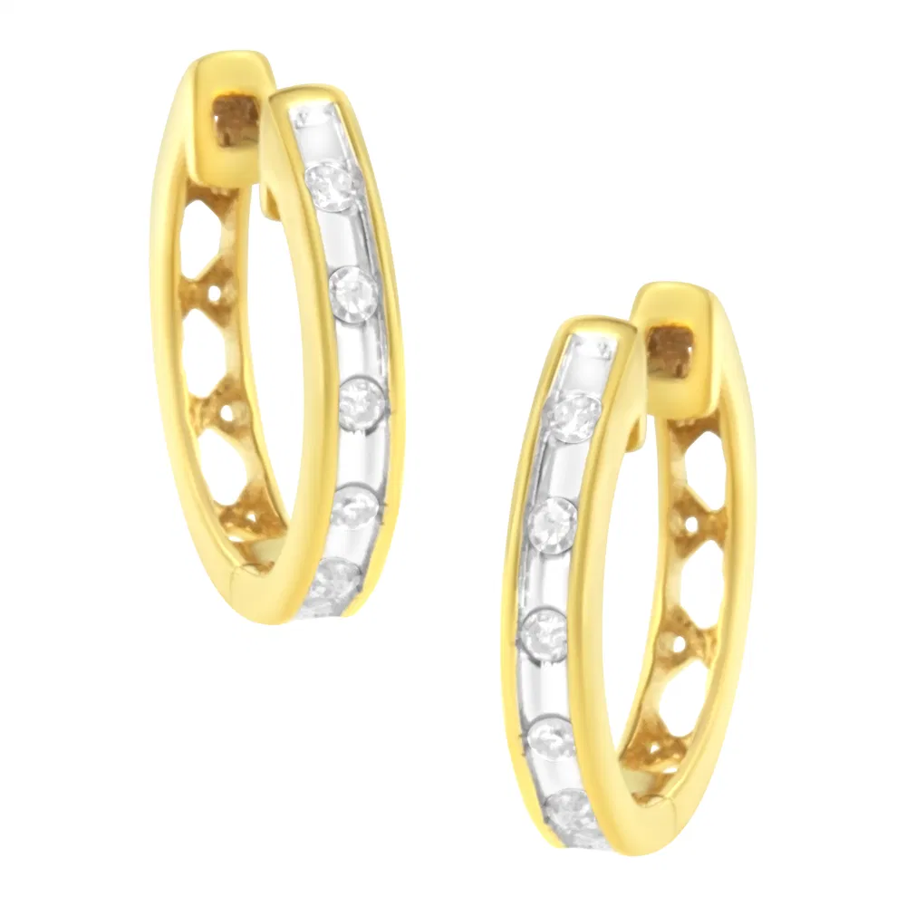 10K Yellow Gold Plated .925 Sterling Silver Channel Set Round-Cut Diamond Accent Classic Hoop Earrings (I-J Color, I1-I2 Clarity) - Grocery