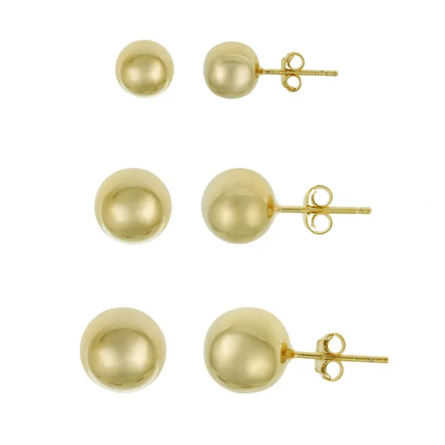 18k Gold Over Sterling Silver 3-Pair Ball Stud Earrings Set - Grocery