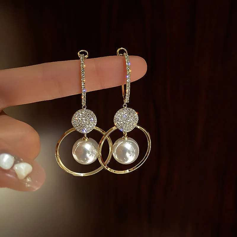 S925 Silver Fashion Korean Oversized White Pearl Drop Earrings for Women Bohemian Golden Round Zircon Wedding Earrings Jewelry - Grocery