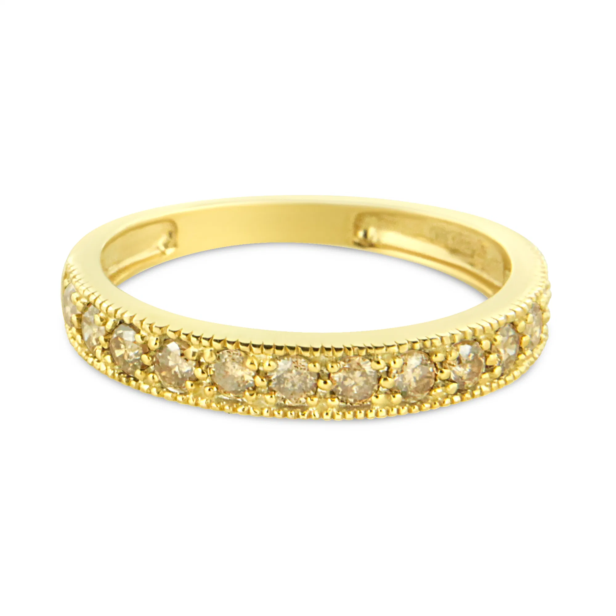 IGI Certified 1/2 Cttw Diamond 10K Yellow Gold Prong Set Beaded Milgrain Band Style Ring (J-K Color, I2-I3 Clarity) - Grocery