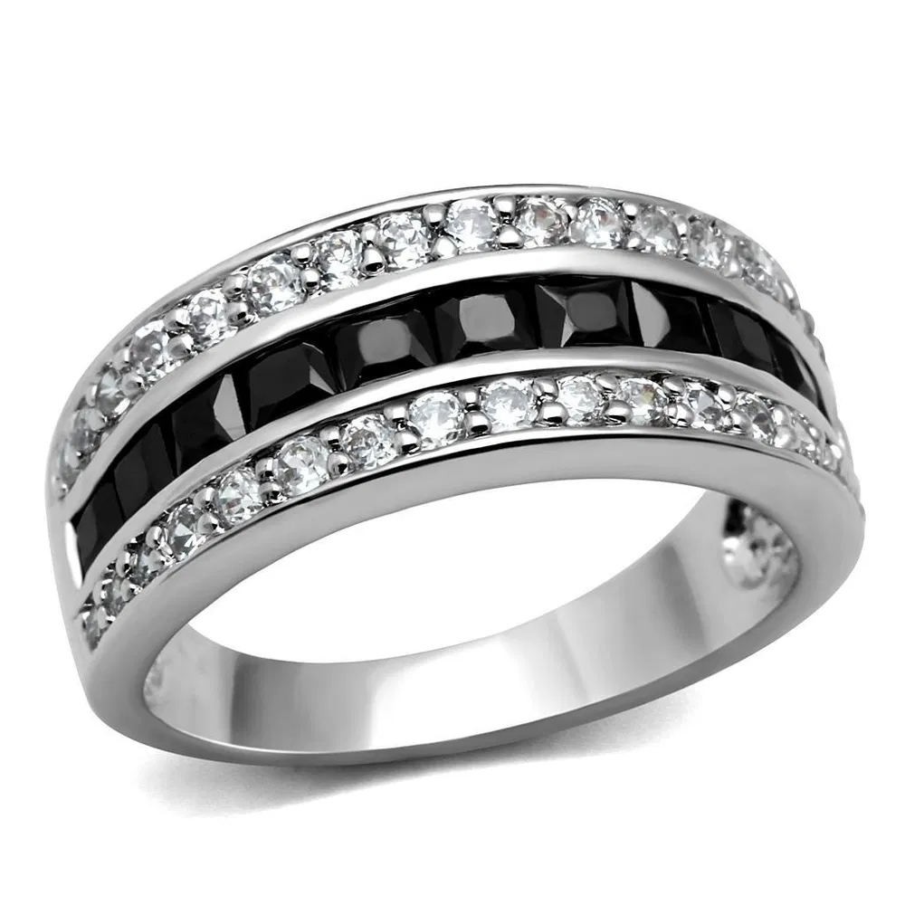 TK2872 - High polished (no plating) Stainless Steel Ring with AAA Grade CZ in Black Diamond - Grocery