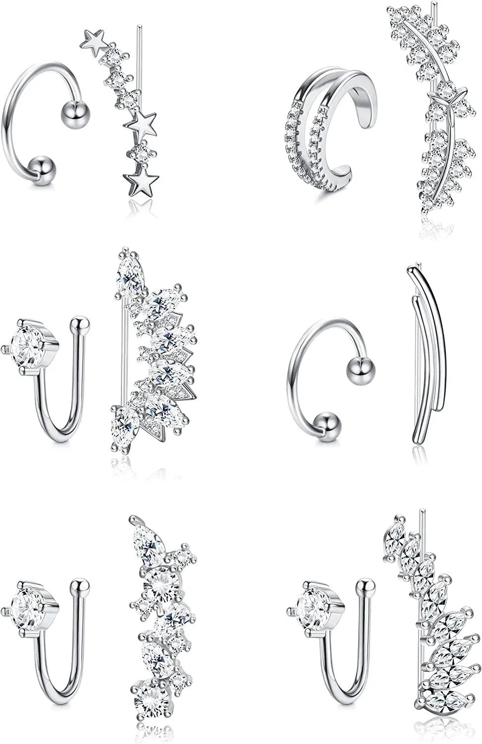 12Pcs Ear Cuffs Climber Hoop Earrings for Women CZ Inlaid Crawler Stud Cartilage Wrap Clip On Earrings Adjustable - Grocery