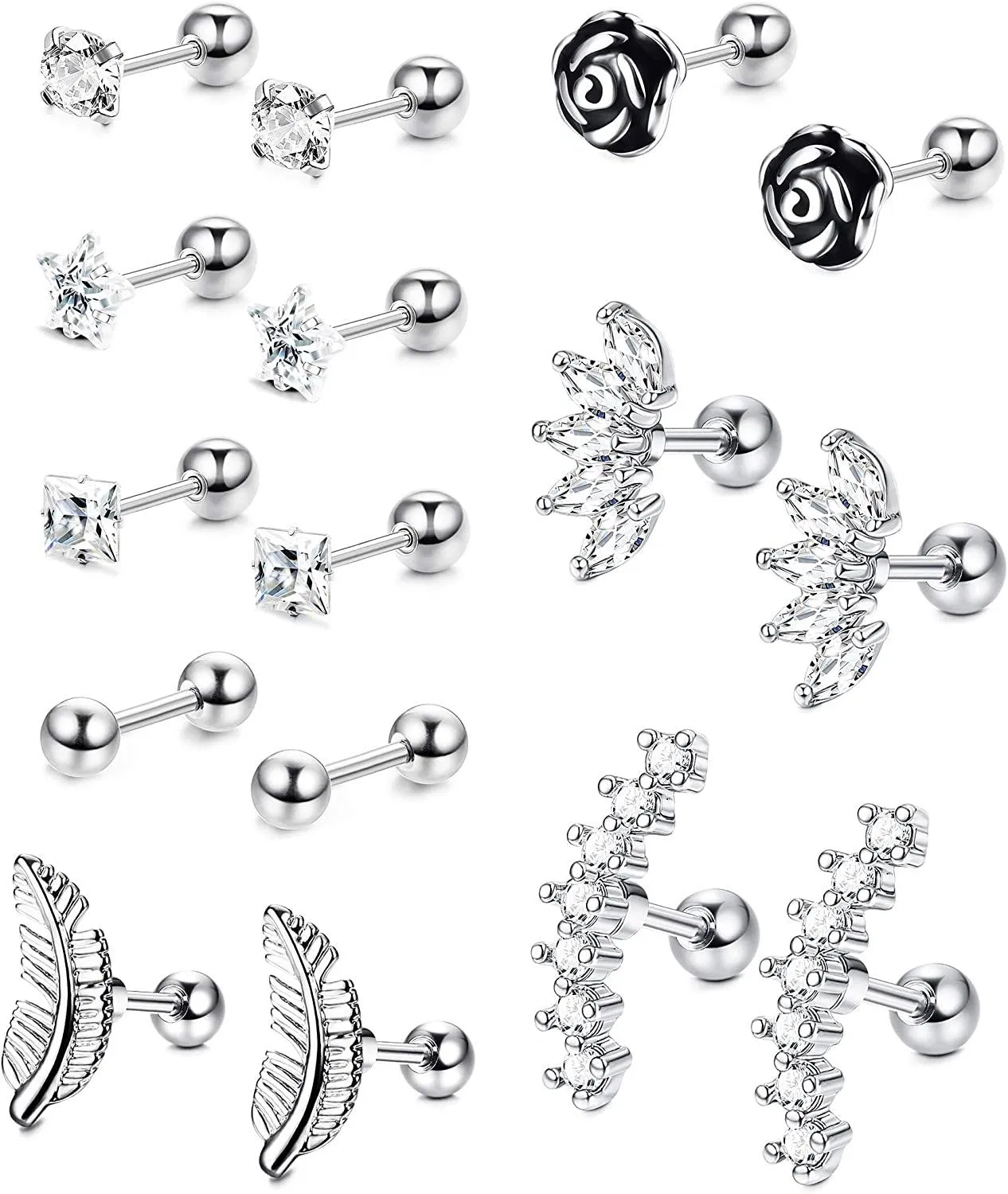 8 Pairs Stainless Helix Cartilage Tragus Stud Earrings Flower Feather Star CZ Barbell Piercing Earrings 16G 18G - Grocery
