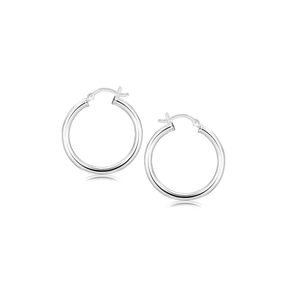 Sterling Silver Rhodium Plated Polished Look Hoop Earrings (3x25mm) - Grocery