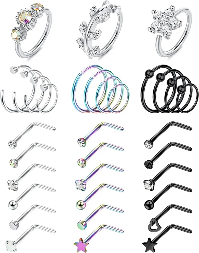 33Pcs 20G Hoop Nose Rings Studs for Women Men 316L Stainless Steel Nose Rings Set L Shape Nose Piercing Studs - Grocery