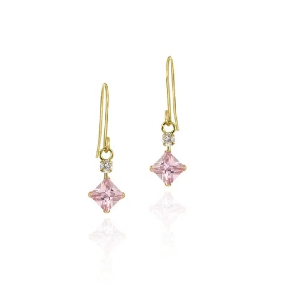 10K Gold Diamond Shape Pink & Clear CZ Dangle Earrings - Grocery