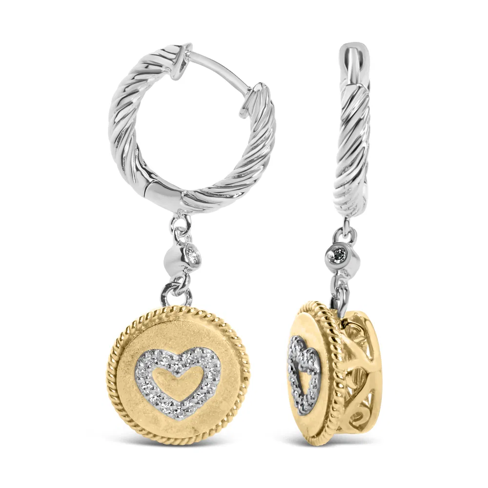 18K Yellow Gold Plated .925 Sterling Silver 1/8 Cttw Diamond Heart Medallion Drop and Dangle Earring (I-J Color, SI1-SI2 Clarity) - Grocery