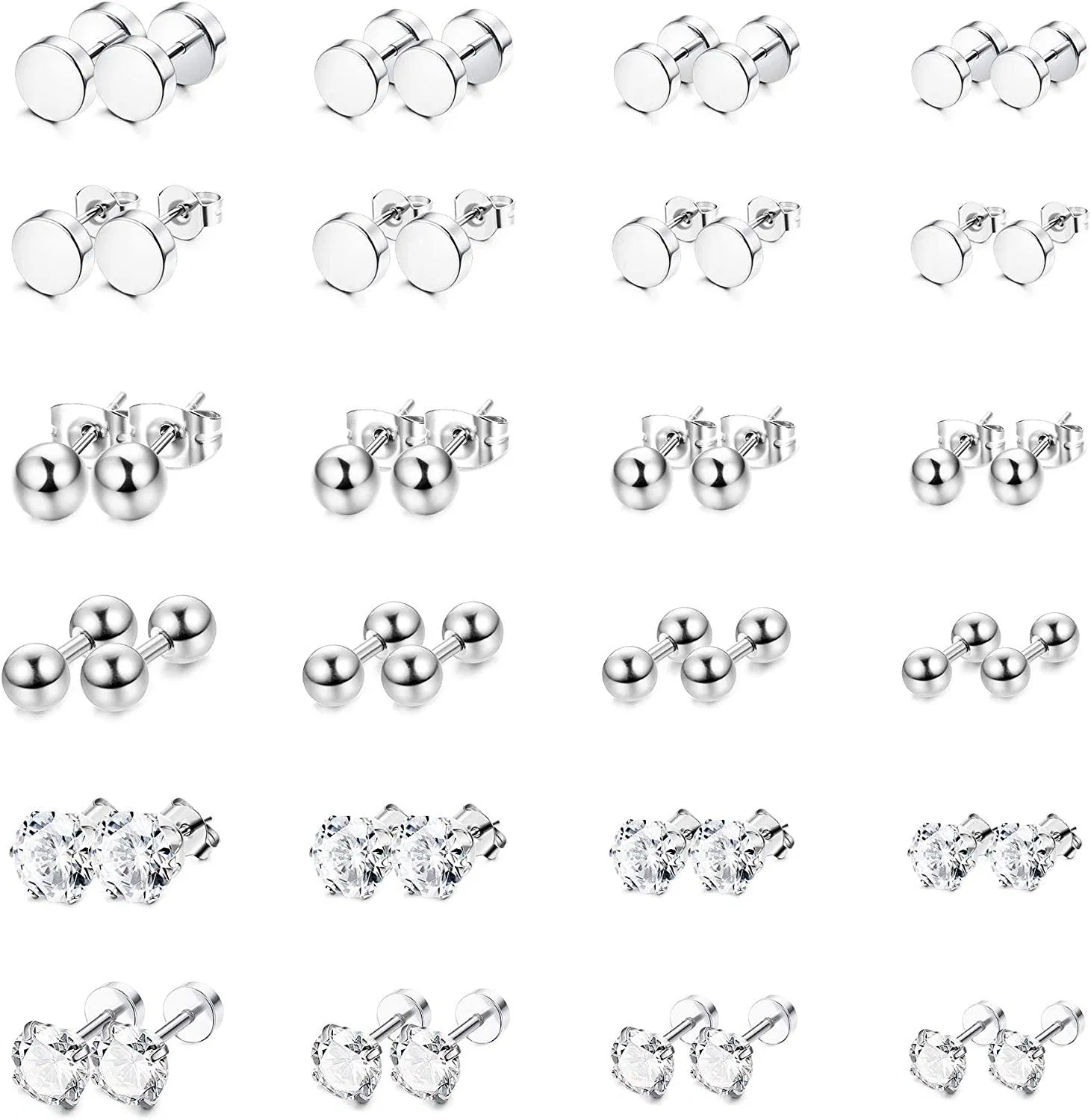 24 Pairs Stainless Earring for Mens Women CZ Ball Tunnel Stud Earring Set Men Earrings Piercing - Grocery