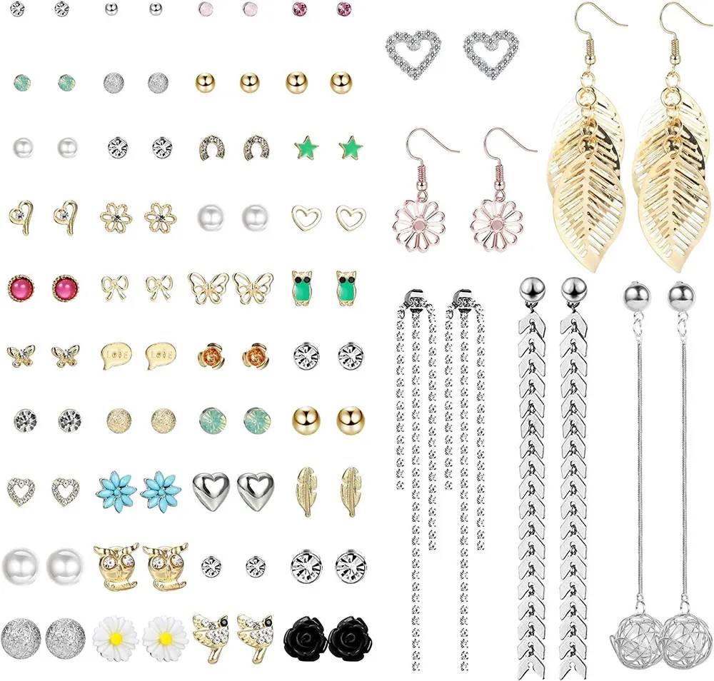 46 Pairs Assorted Multiple Stud drop dangle Earrings Set Vintage Fake Pearl Round Ball CZ Earrings Pack - Grocery