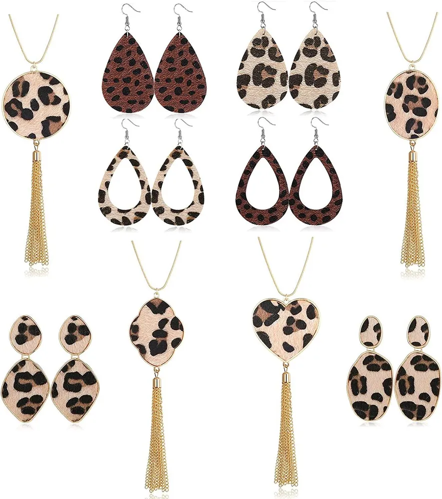 Statement Leopard Jewelry Set for Women Leopard Leather Teardrop Drop Dangle Earrings Long Tassel Pendant Necklace Fashion Jewelry Gift - Grocery