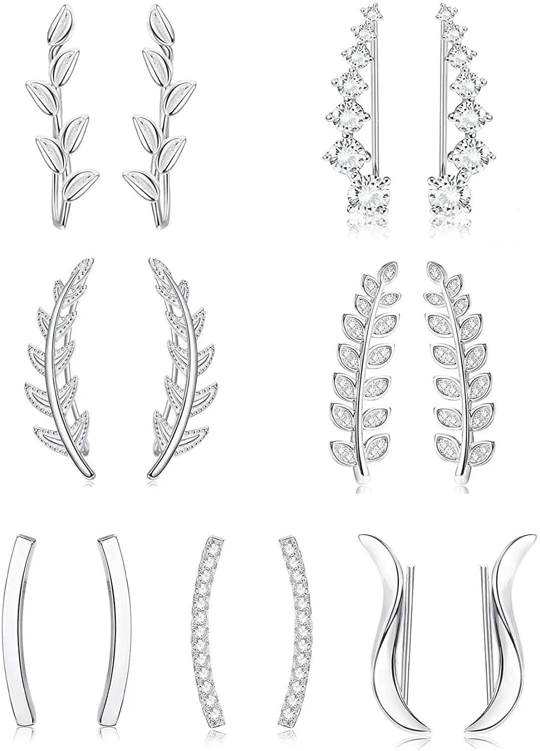 Ear Cuffs Hoop Climber Earrings for Women CZ Leaf Crawler Earring Arrow Bar Stud Earrings Set - Grocery