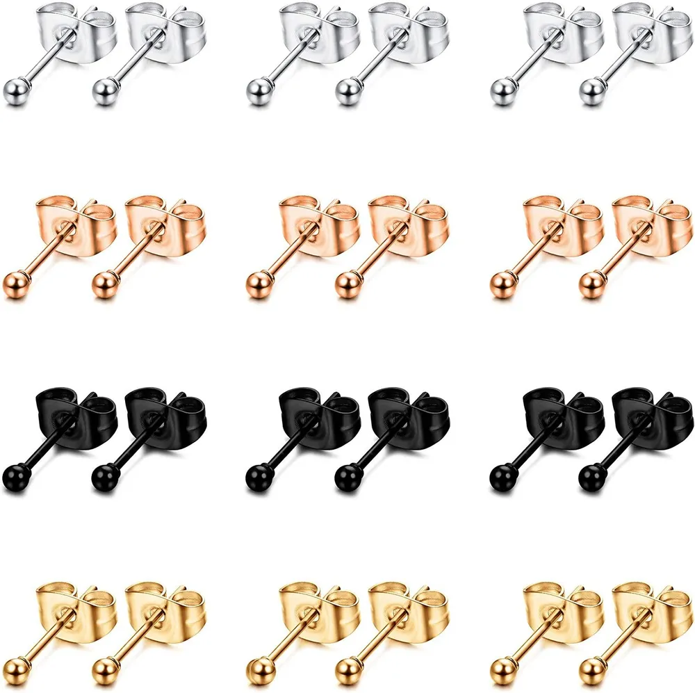 12 Pairs 316L Stainless Ball Earring Studs Tiny Round Ball Gold Plated Stud Earrings for Women Men 2MM-5MM - Grocery