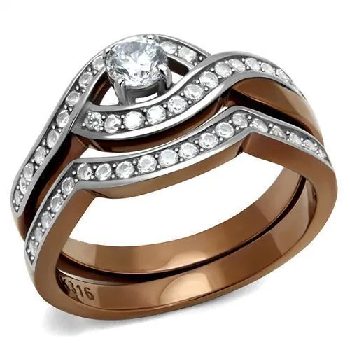 TK2953 - Two Tone IP Light Brown (IP Light coffee) Stainless Steel Ring with AAA Grade CZ in Clear - Grocery